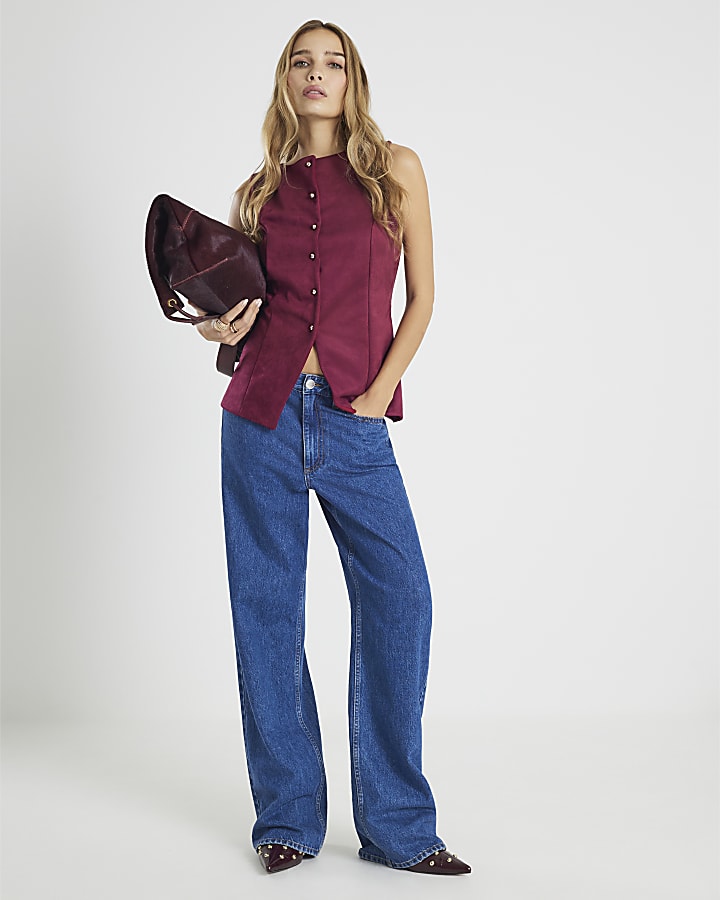 Red Faux Suede Sleeveless Waistcoat