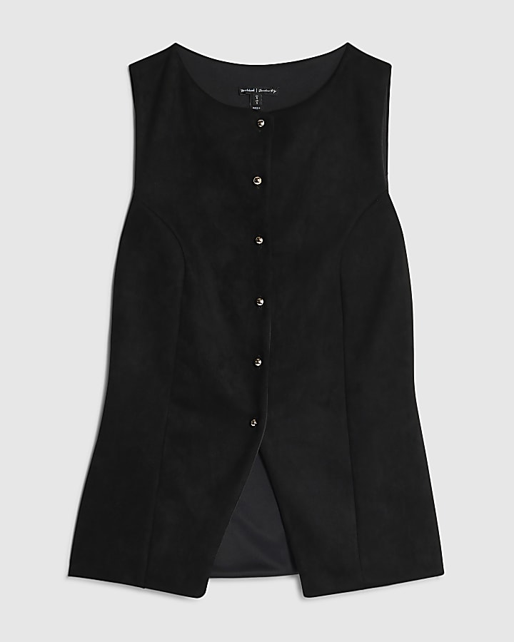 Black Faux Suede Sleeveless Waistcoat