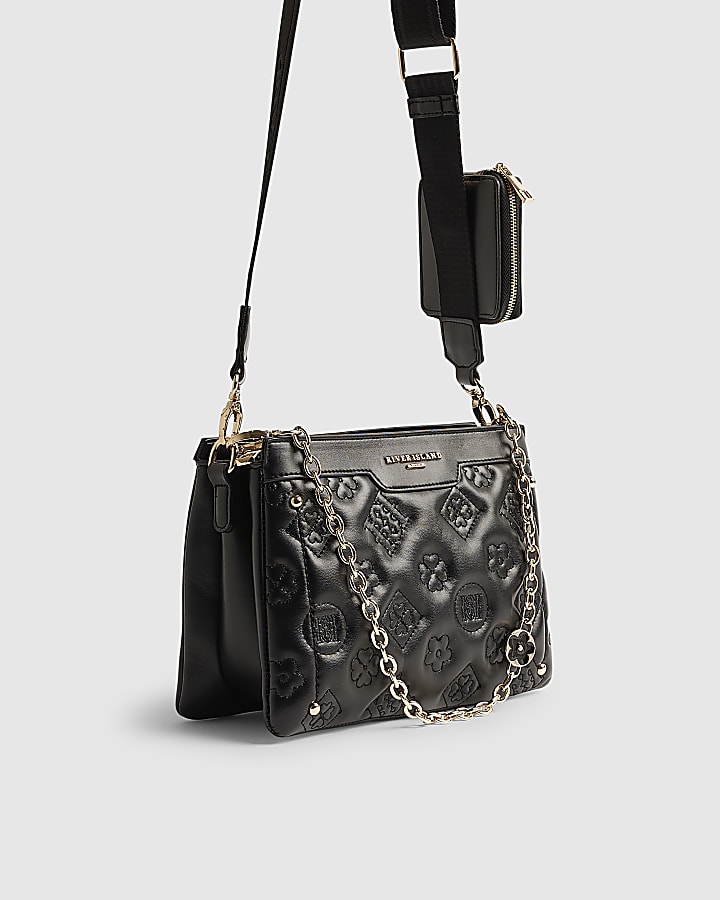 Black Quilted Monogram Crossbody Bag