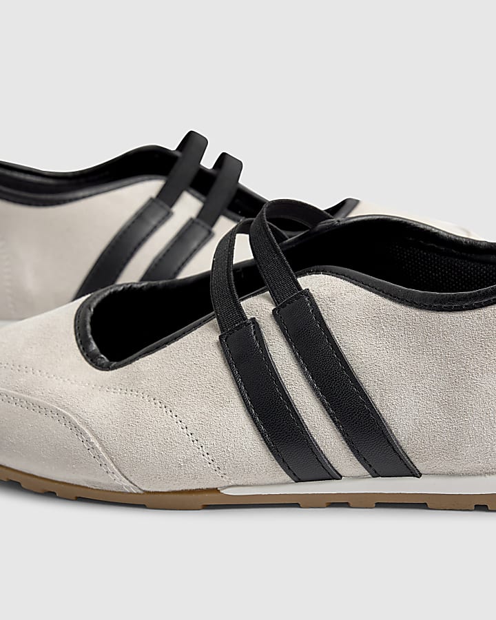 White Suede Double Strap Flat Shoes