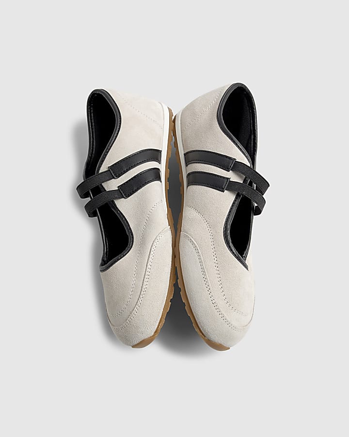 White Suede Double Strap Flat Shoes
