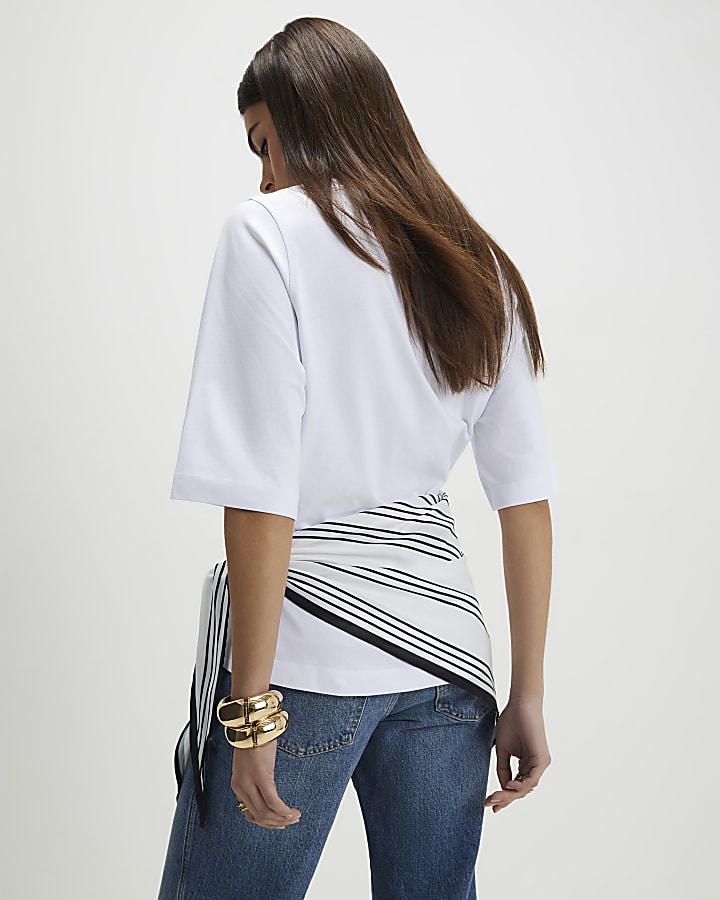 White Short Sleeve Scarf Mix T-Shirt