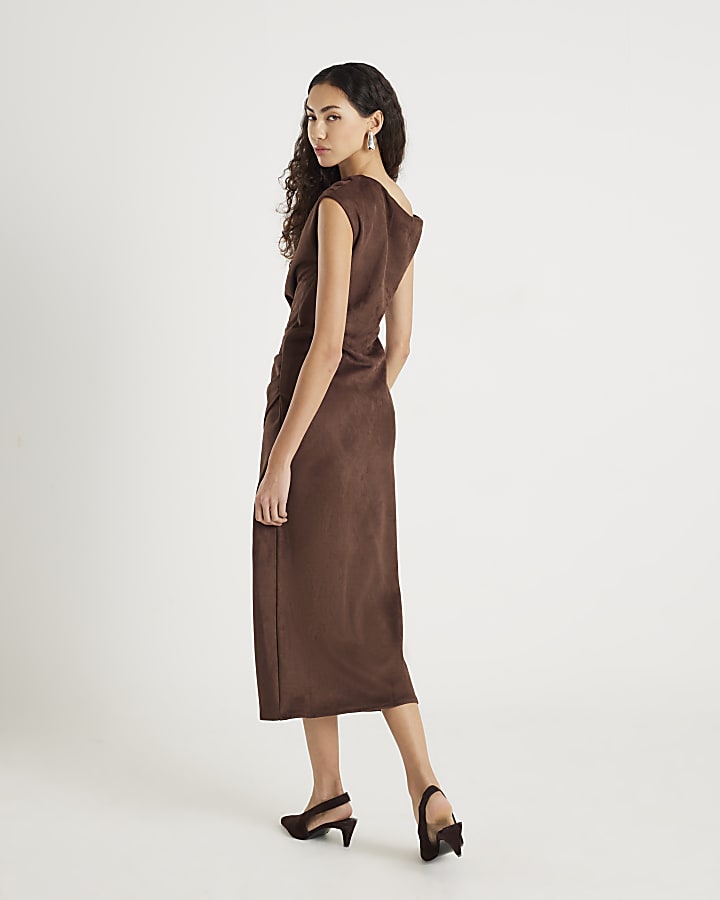 Brown Faux Suede Sleeveless Drape Midi Dress