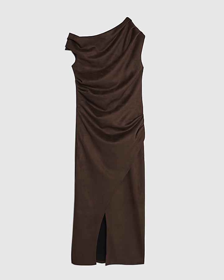 Brown Faux Suede Sleeveless Drape Midi Dress