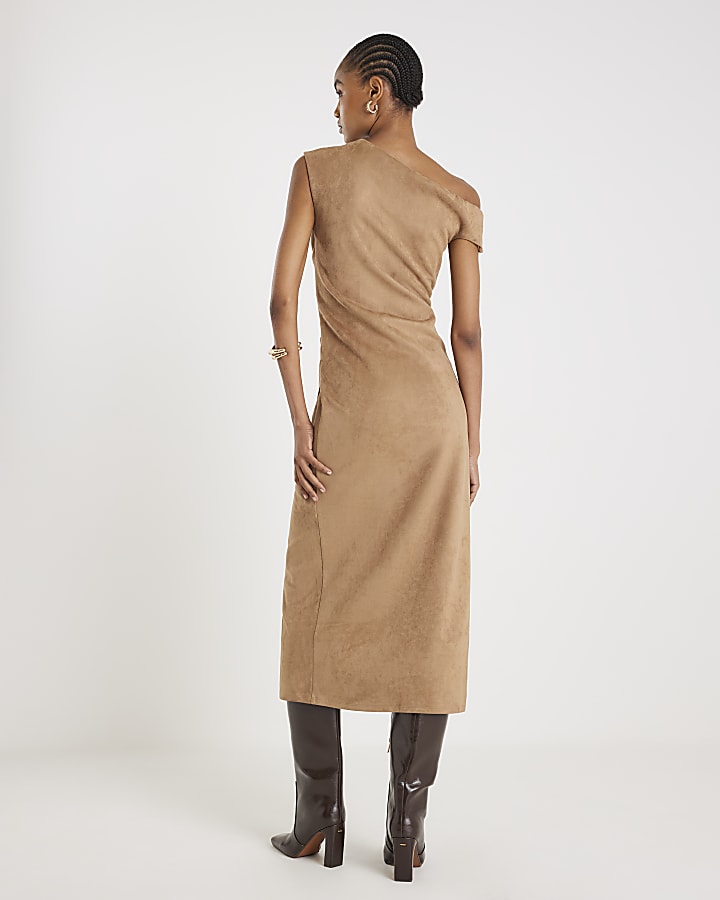 Beige Faux Suede Sleeveless Drape Midi Dress