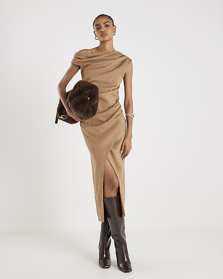 Beige Faux Suede Sleeveless Drape Midi Dress