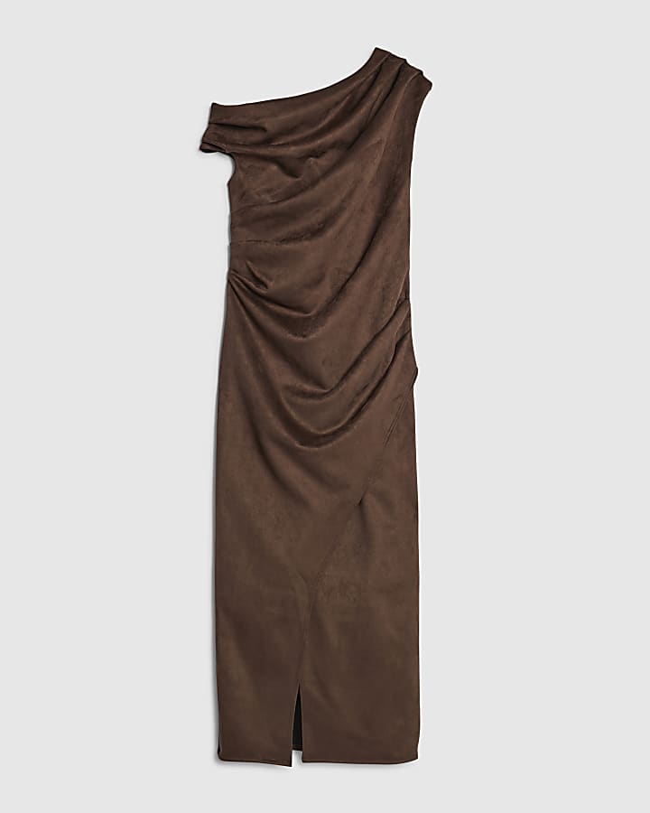 Petite Brown Faux Suede Drape Midi Dress