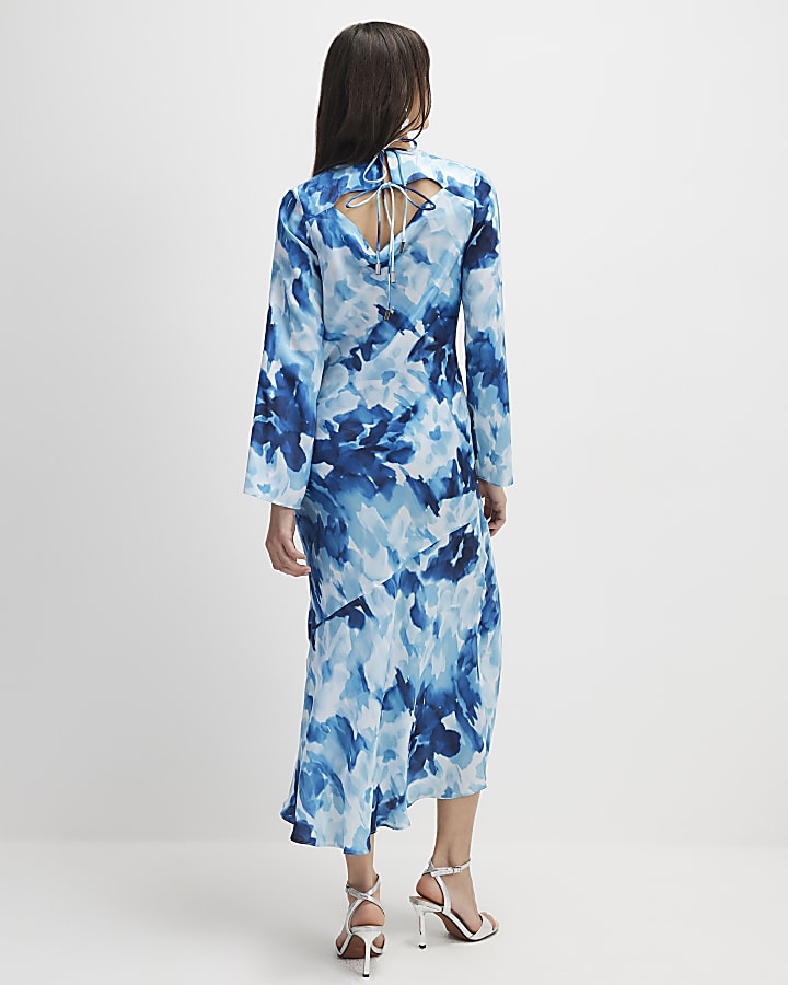 Blue Floral Long Sleeve Midi Dress