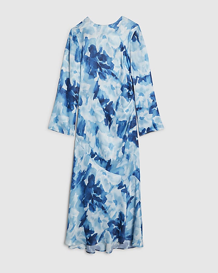 Blue Floral Long Sleeve Midi Dress