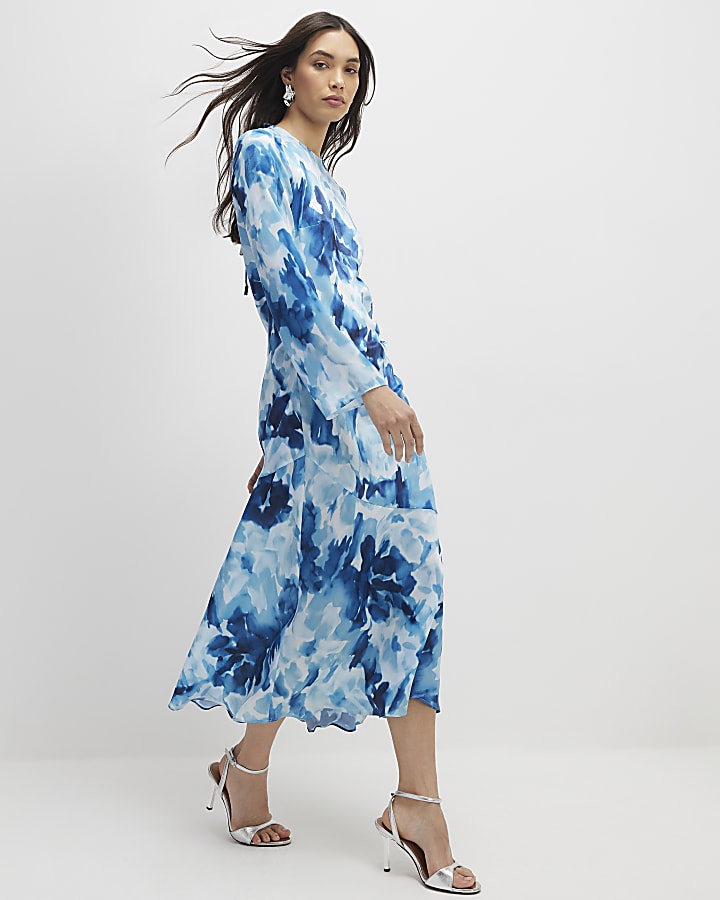 Blue Floral Long Sleeve Midi Dress