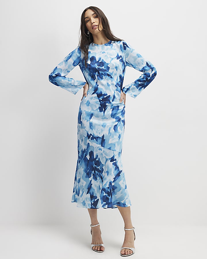 Blue Floral Long Sleeve Midi Dress