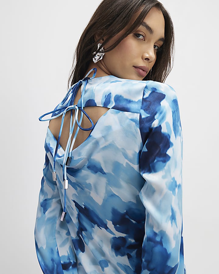 Blue Floral Long Sleeve Midi Dress