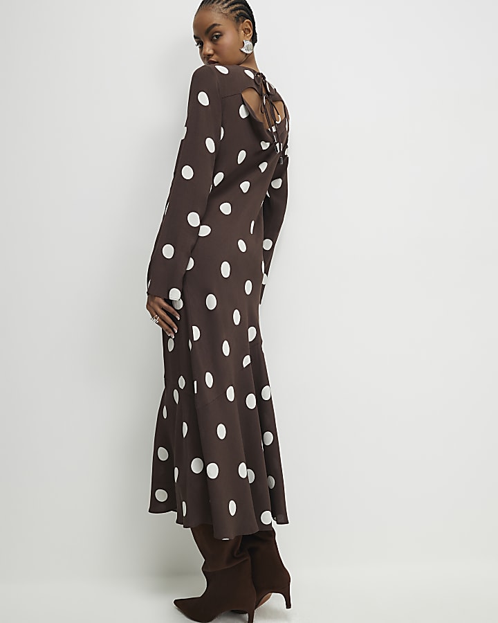 Brown Long Sleeve Spot Print Midi Dress