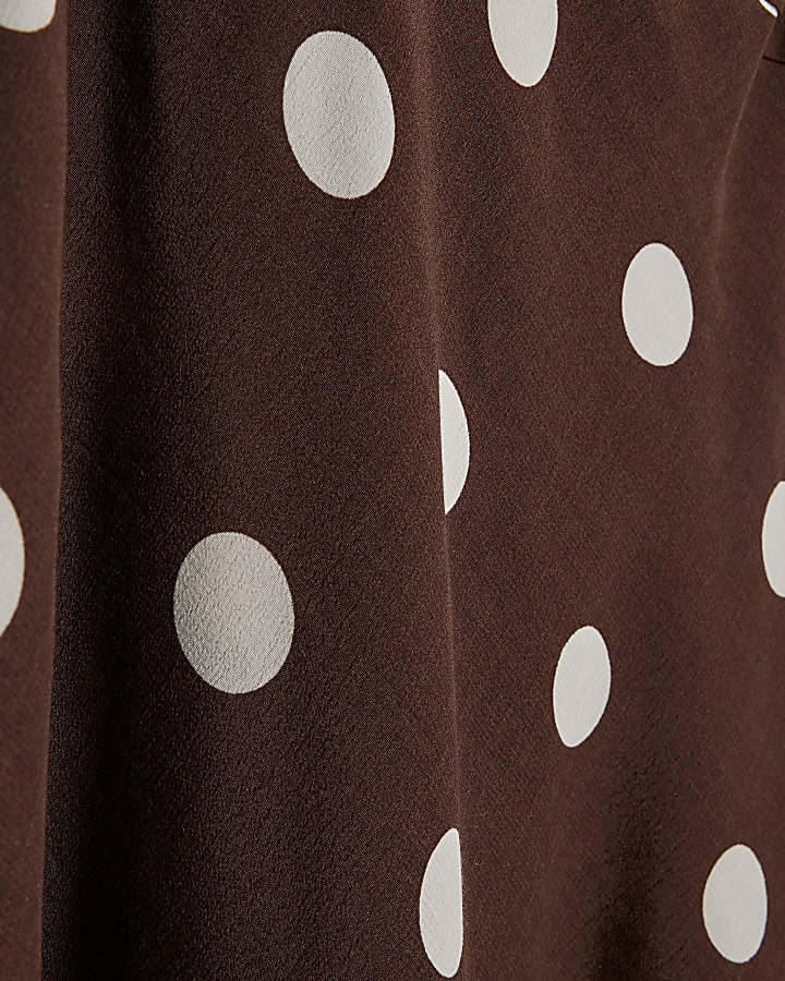 Brown Long Sleeve Spot Print Midi Dress