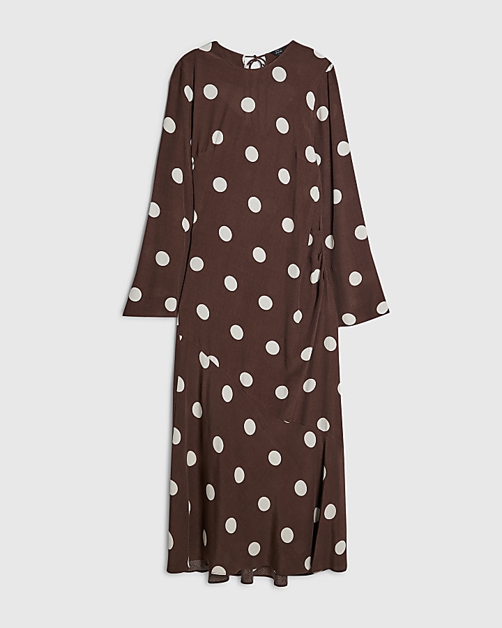 Brown Long Sleeve Spot Print Midi Dress