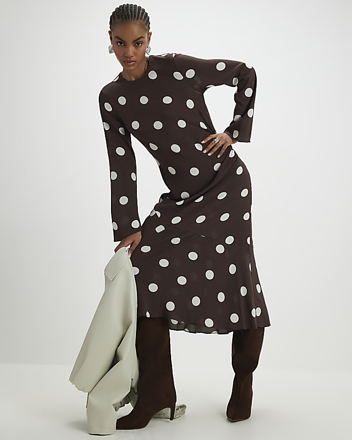 Brown Long Sleeve Spot Print Midi Dress