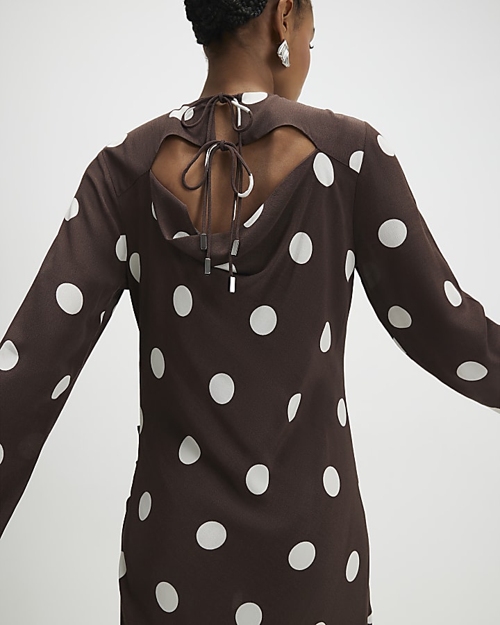 Brown Long Sleeve Spot Print Midi Dress