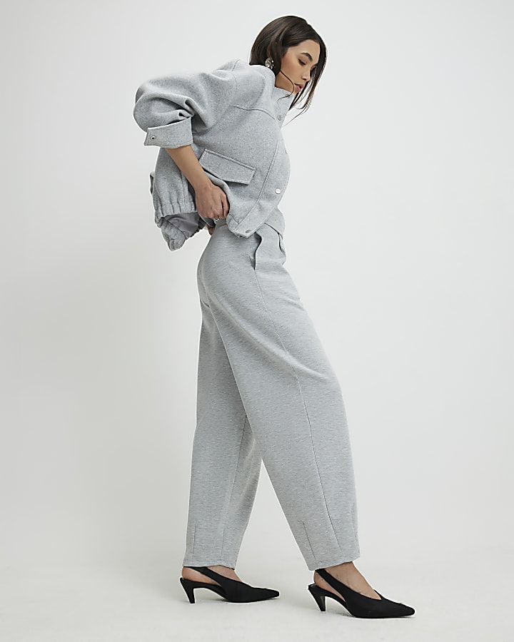 Grey Interlock Barrel Leg Trousers