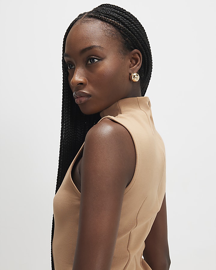 Brown Sleeveless High Neck Top