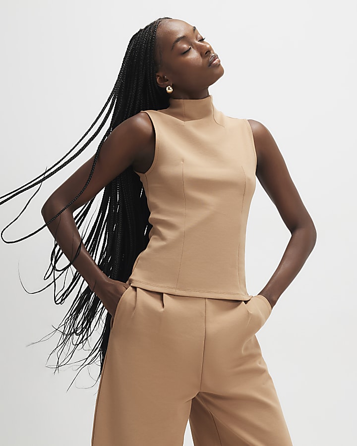 Brown Sleeveless High Neck Top