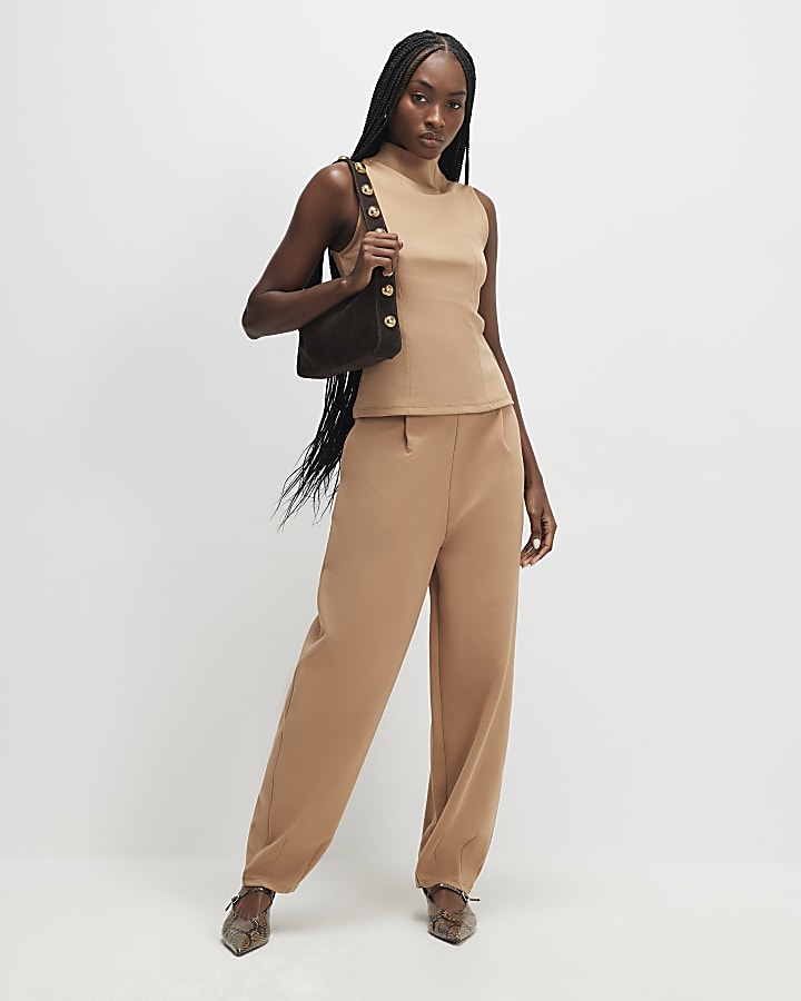 Brown Sleeveless High Neck Top