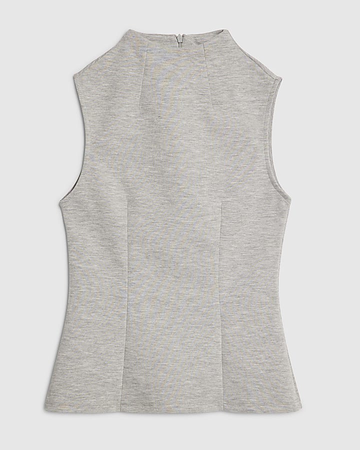 Grey Sleeveless Interlock High Neck Top
