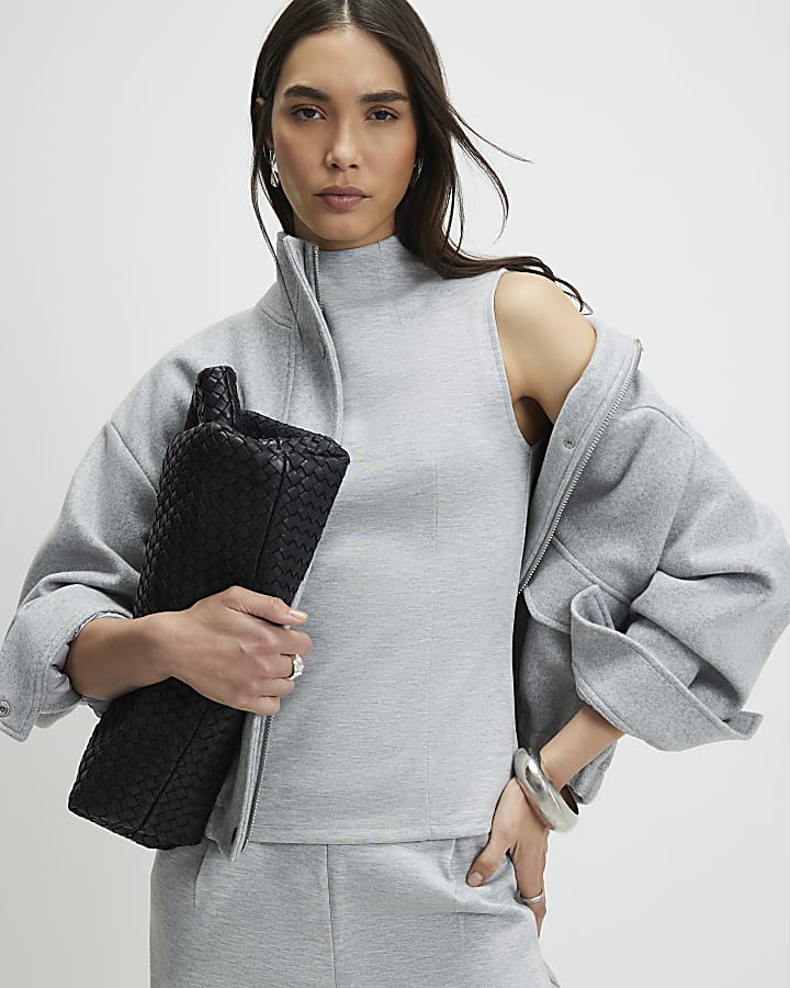 Grey Sleeveless Interlock High Neck Top