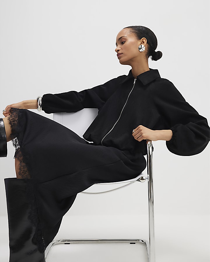 Black Faux Suede Bomber Jacket