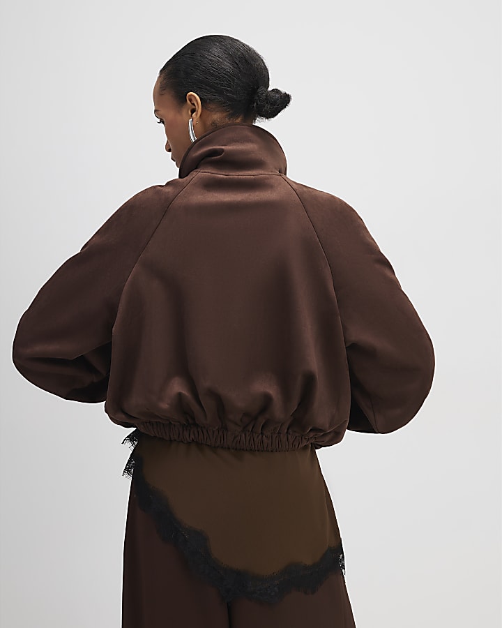 Brown Faux Suede Collared Bomber Jacket