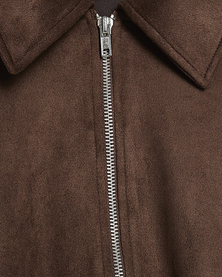 Brown Faux Suede Collared Bomber Jacket