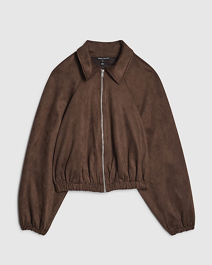 Brown Faux Suede Collared Bomber Jacket