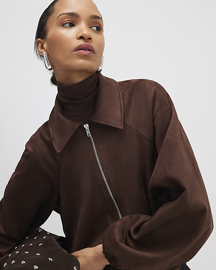 Brown Faux Suede Collared Bomber Jacket