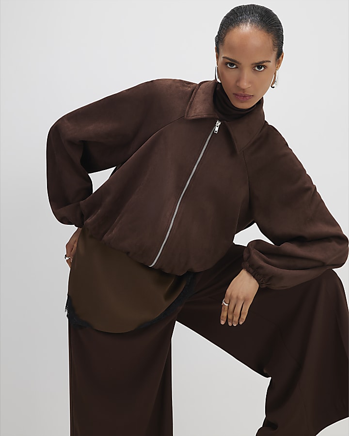 Brown Faux Suede Collared Bomber Jacket