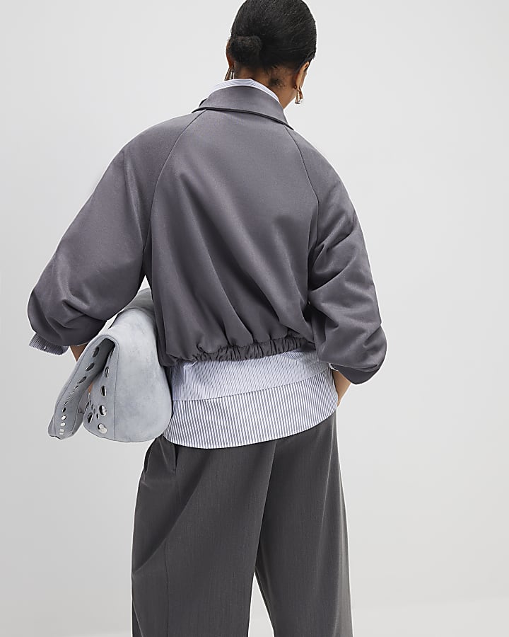 Grey Faux Suede Collared Bomber Jacket