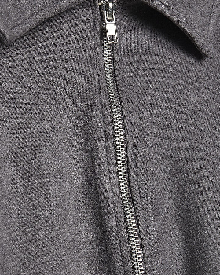 Grey Faux Suede Collared Bomber Jacket