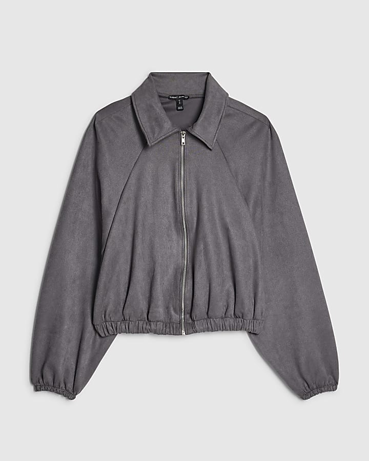 Grey Faux Suede Collared Bomber Jacket