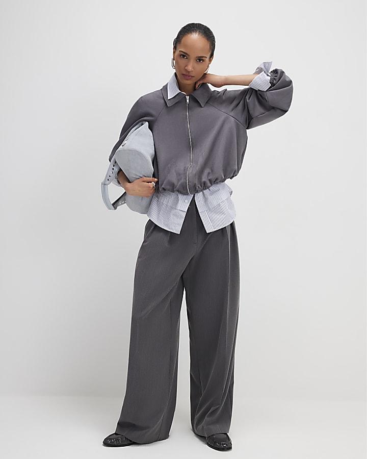 Grey Faux Suede Collared Bomber Jacket