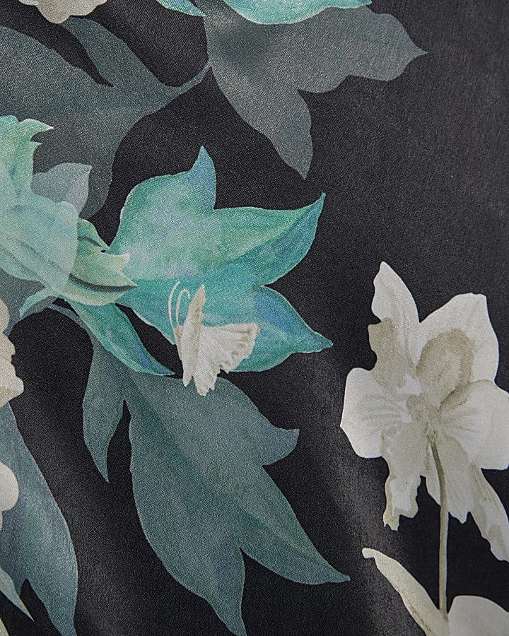 Black Floral Print Lace Trim Slip Dress