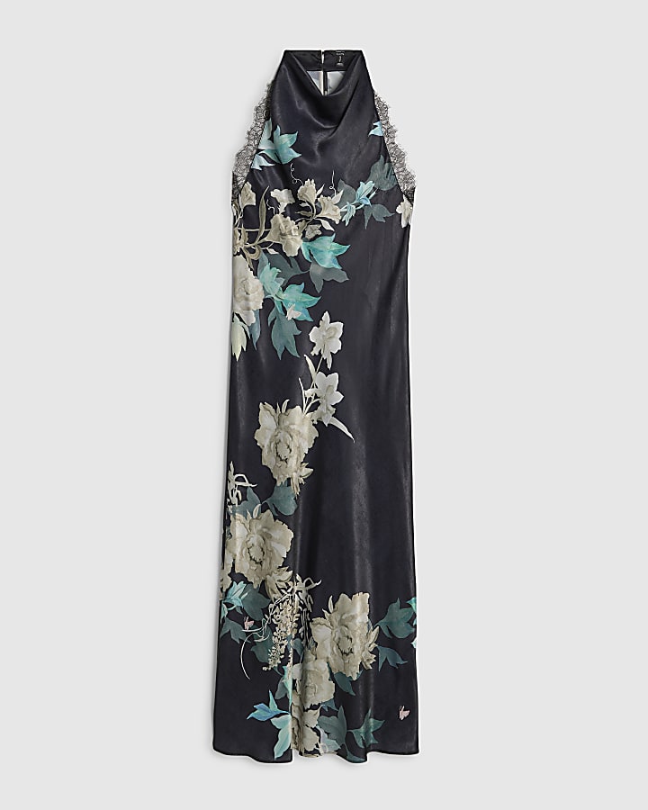 Black Floral Print Lace Trim Slip Dress
