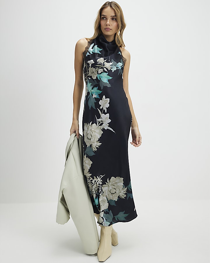 Black Floral Print Lace Trim Slip Dress