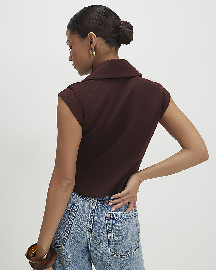 Petite Brown Cap Sleeve Twill Waistcoat