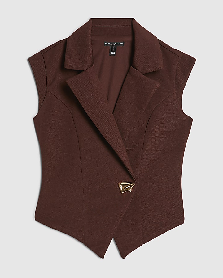 Petite Brown Cap Sleeve Twill Waistcoat