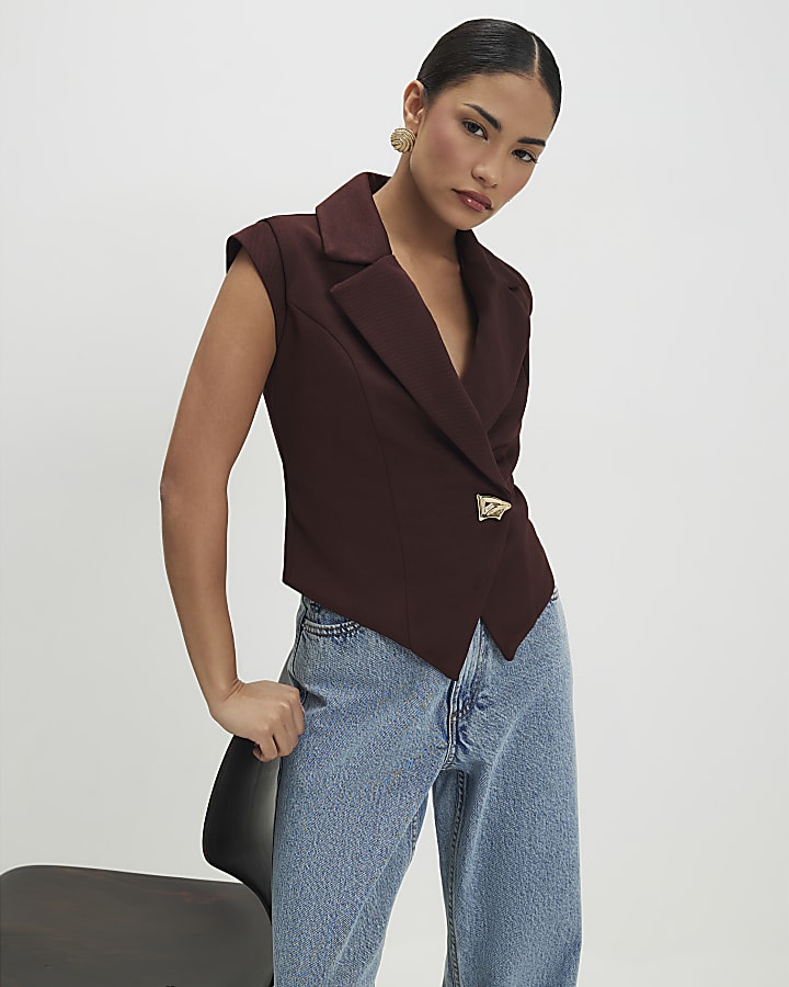 Petite Brown Cap Sleeve Twill Waistcoat