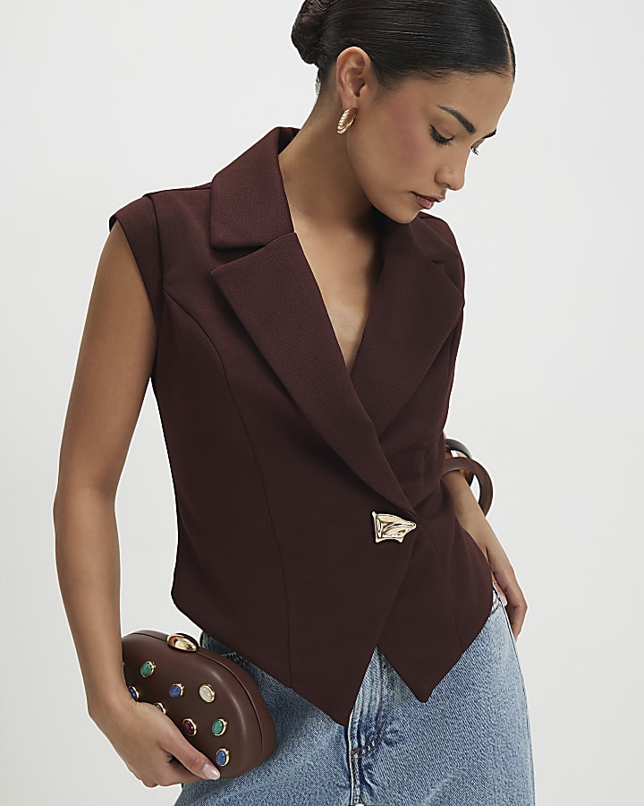 Petite Brown Cap Sleeve Twill Waistcoat