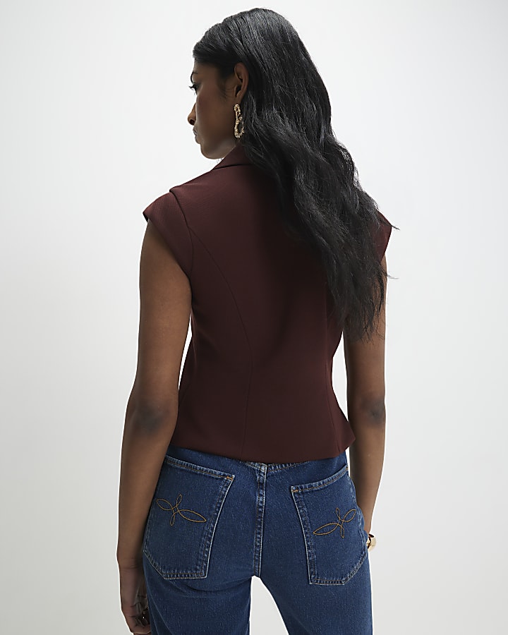 Brown Cap Sleeve Twill Waistcoat