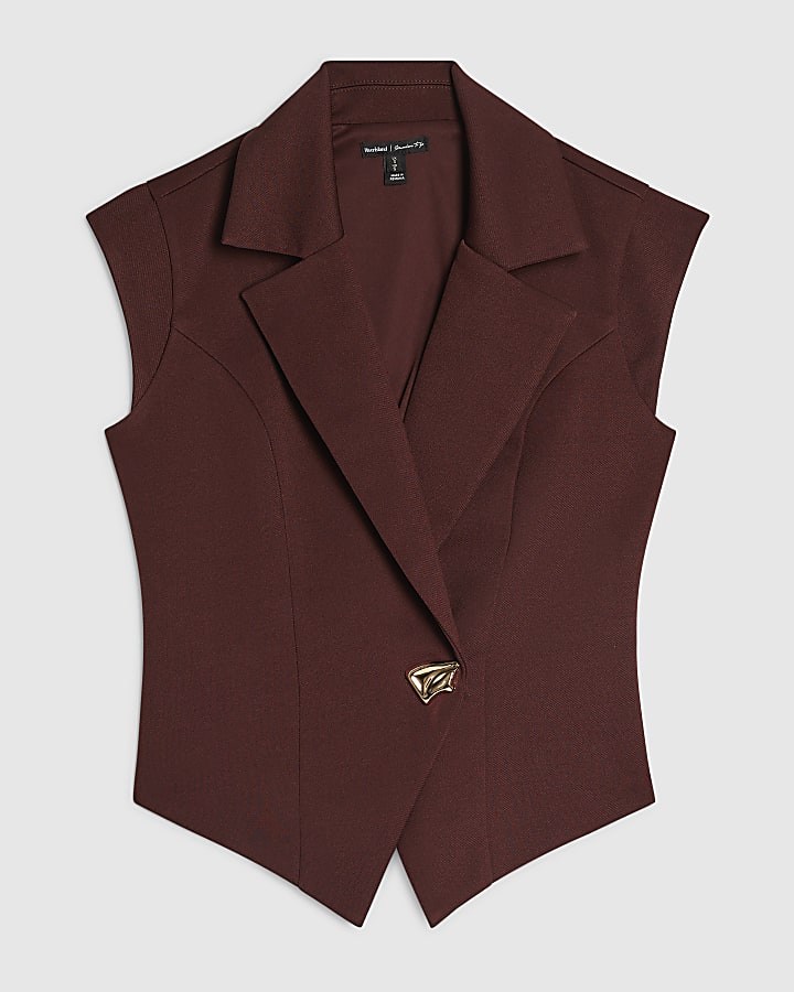 Brown Cap Sleeve Twill Waistcoat