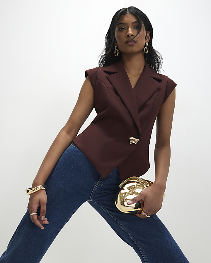 Brown Cap Sleeve Twill Waistcoat