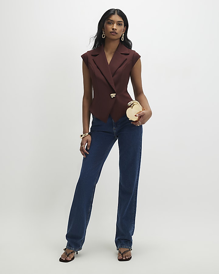 Brown Cap Sleeve Twill Waistcoat