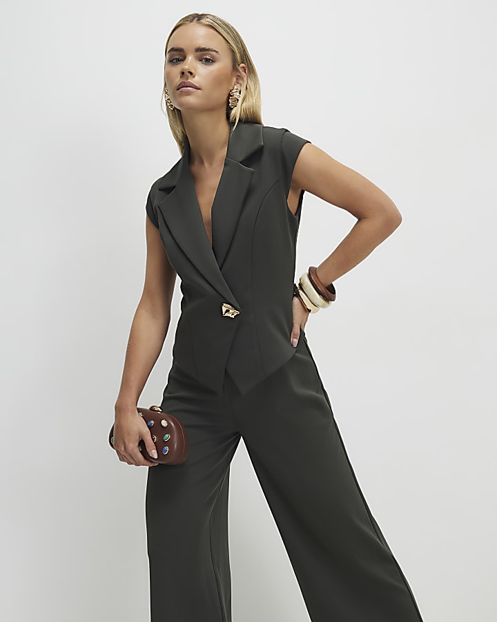 Petite Green Cap Sleeve Wide Leg Jumpsuit