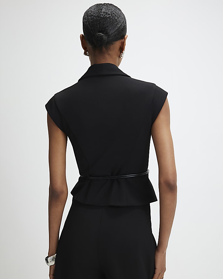 Black Sleeveless Belted Waistcoat